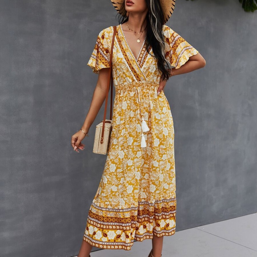 Boho Yellow Floral Print Butterfly Sleeve Midi Dress Cottagecore - Picture 3 of 13